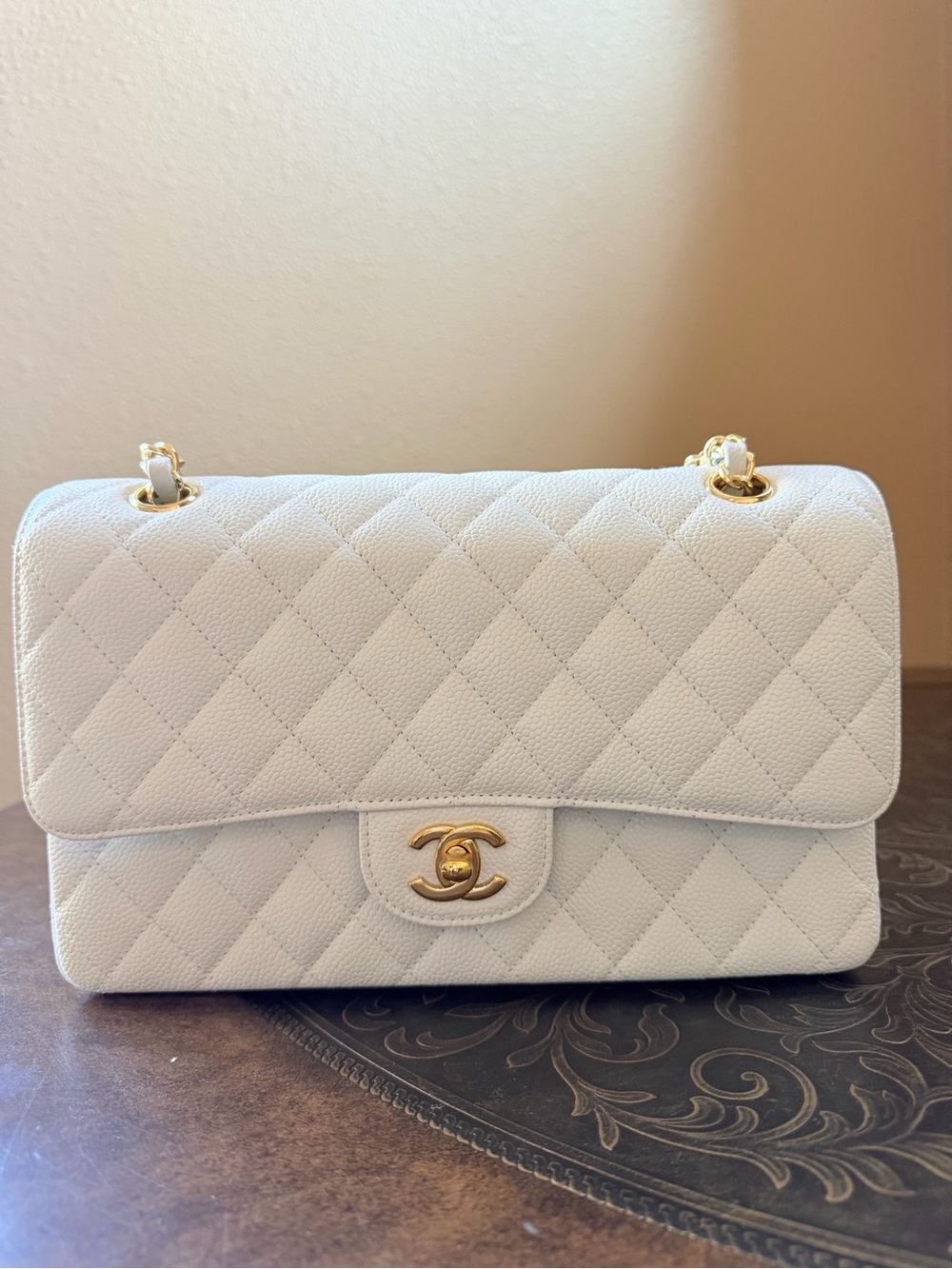 White Leather Quilted Shoulder Bag with Gold Hardware